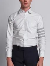 Round Collar Shirt With Woven 4-Bar Stripe In Grey And White University Stripe Oxford