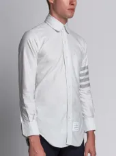 Round Collar Shirt With Woven 4-Bar Stripe In Grey And White University Stripe Oxford