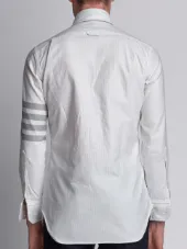 Round Collar Shirt With Woven 4-Bar Stripe In Grey And White University Stripe Oxford