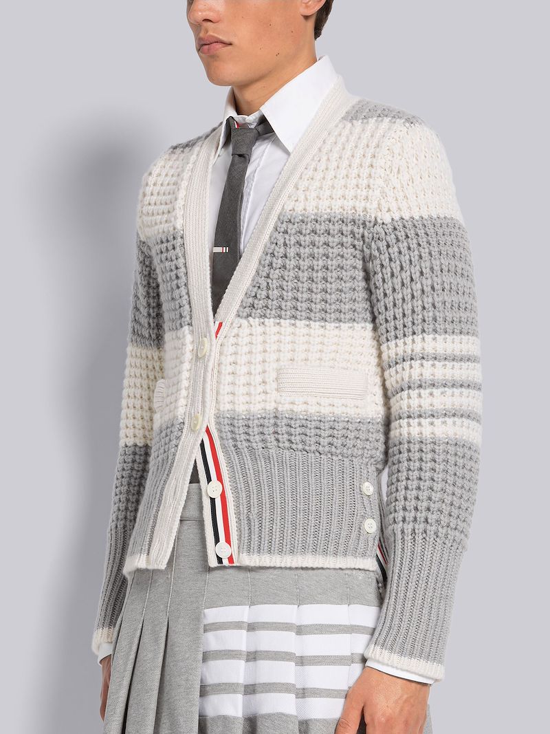 RUGBY STRIPE CASHMERE WAFFLE 4-BAR FOOTBALL CARDIGAN