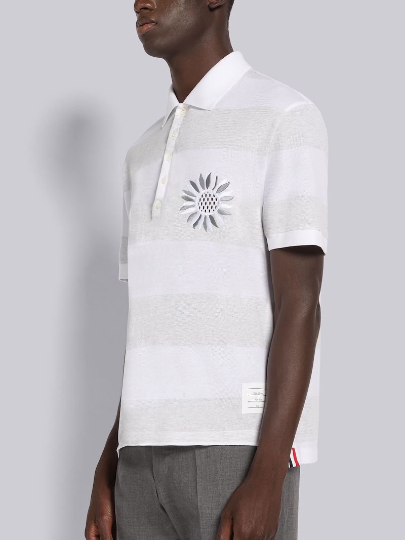 RUGBY STRIPE PIQUE FLOWER EMBROIDERY OVERSIZED SHORT SLEEVE POLO