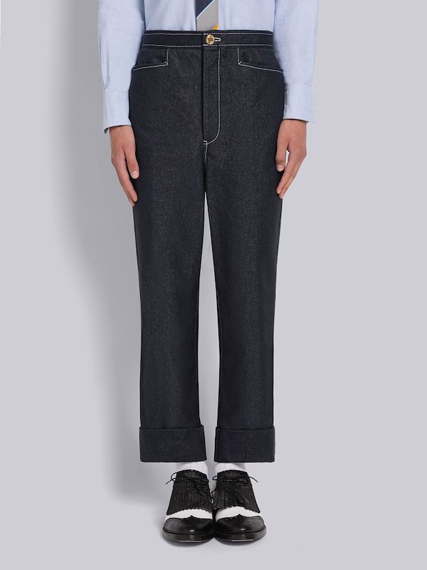 SELVEDGE DENIM TRACK STITCH BACKSTRAP TROUSER
