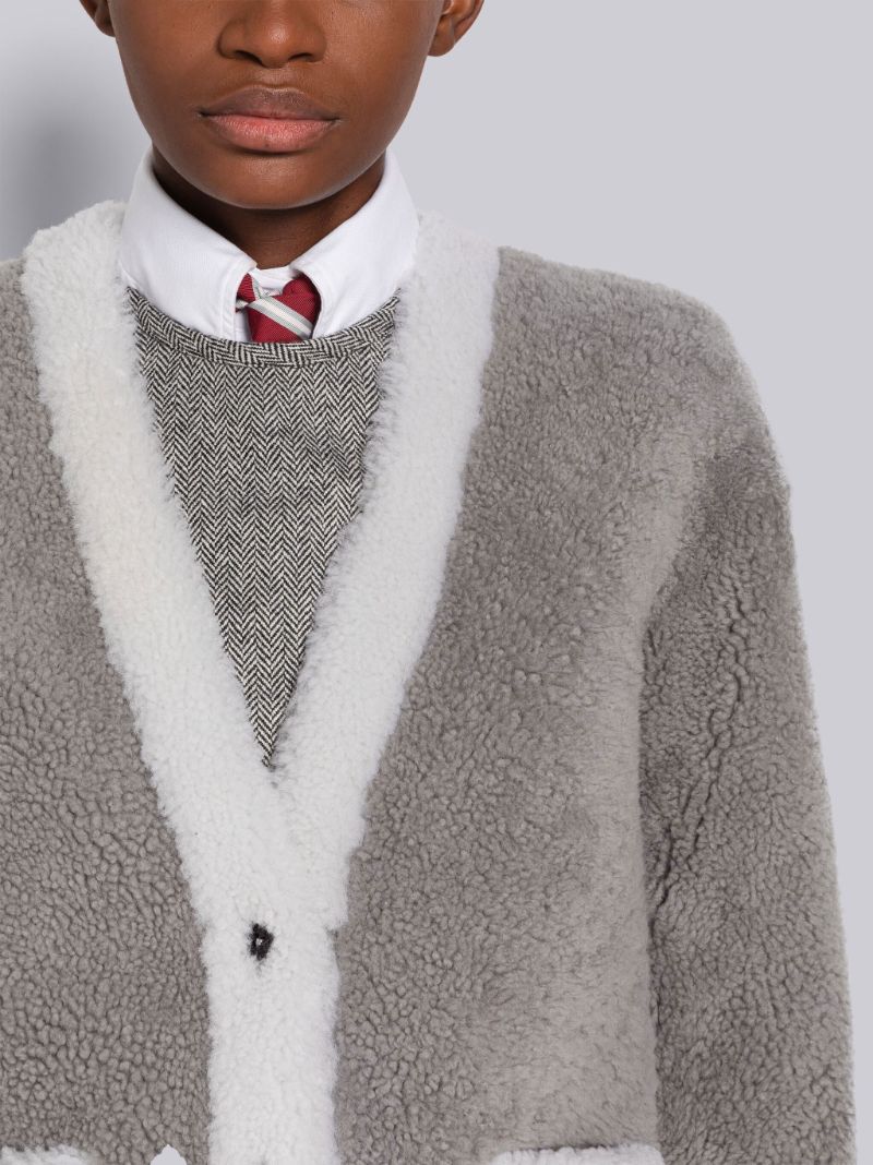 Shearling Contrast Trim V-Neck Cardigan Jacket