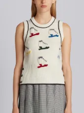 Shell Top With Crochet Ice Skate Applique In Fine Merino Wool
