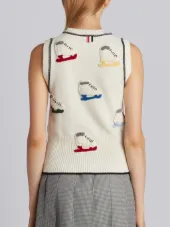 Shell Top With Crochet Ice Skate Applique In Fine Merino Wool