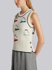 Shell Top With Crochet Ice Skate Applique In Fine Merino Wool