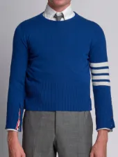 Short Crewneck Pullover With 4-Bar Stripe In Blue Cashmere