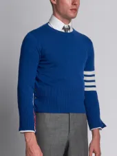 Short Crewneck Pullover With 4-Bar Stripe In Blue Cashmere