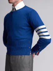Short Crewneck Pullover With 4-Bar Stripe In Blue Cashmere