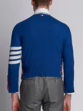 Short Crewneck Pullover With 4-Bar Stripe In Blue Cashmere