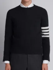 Short Crewneck Pullover With 4-Bar Stripe In Dark Grey Cashmere