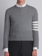 Short Crewneck Pullover With 4-Bar Stripe In Light Grey Cashmere