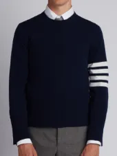 Short Crewneck Pullover With 4-Bar Stripe In Navy Blue Cashmere