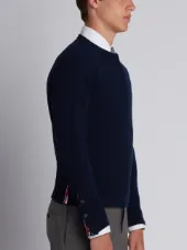 Short Crewneck Pullover With 4-Bar Stripe In Navy Blue Cashmere