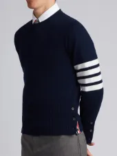 Short Crewneck Pullover With 4-Bar Stripe In Navy Blue Cashmere