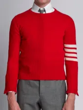 Short Crewneck Pullover With 4-Bar Stripe In Red Cashmere