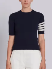 Short Sleeve Crewneck Pullover with 4-Bar Stripe in Navy Cashmere