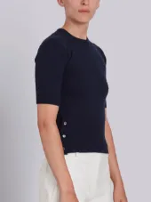 Short Sleeve Crewneck Pullover with 4-Bar Stripe in Navy Cashmere