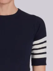 Short Sleeve Crewneck Pullover with 4-Bar Stripe in Navy Cashmere