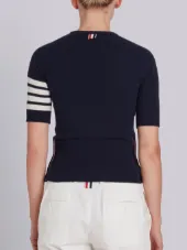 Short Sleeve Crewneck Pullover with 4-Bar Stripe in Navy Cashmere