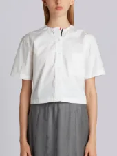 Short Sleeve Cropped Button Down Shirt With Grosgrain Placket In Egyptian Cotton Poplin