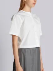 Short Sleeve Cropped Button Down Shirt With Grosgrain Placket In Egyptian Cotton Poplin