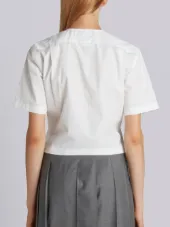 Short Sleeve Cropped Button Down Shirt With Grosgrain Placket In Egyptian Cotton Poplin
