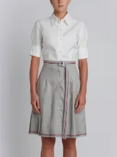 Short Sleeve High-Waisted Pleated Bottom Shirt Dress With Belt In Grey Super 100's Wool Twill