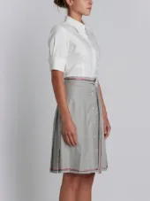 Short Sleeve High-Waisted Pleated Bottom Shirt Dress With Belt In Grey Super 100's Wool Twill