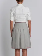 Short Sleeve High-Waisted Pleated Bottom Shirt Dress With Belt In Grey Super 100's Wool Twill