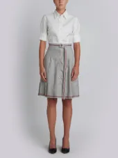 Short Sleeve High-Waisted Pleated Bottom Shirt Dress With Belt In Grey Super 100's Wool Twill