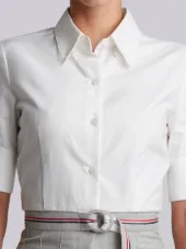 Short Sleeve High-Waisted Pleated Bottom Shirt Dress With Belt In Grey Super 100's Wool Twill