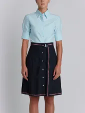 Short Sleeve High-Waisted Pleated Bottom Shirt Dress With Belt In Navy Super 100's Wool Twill