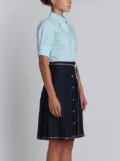 Short Sleeve High-Waisted Pleated Bottom Shirt Dress With Belt In Navy Super 100's Wool Twill