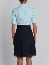 Short Sleeve High-Waisted Pleated Bottom Shirt Dress With Belt In Navy Super 100's Wool Twill