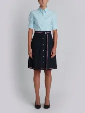 Short Sleeve High-Waisted Pleated Bottom Shirt Dress With Belt In Navy Super 100's Wool Twill