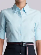 Short Sleeve High-Waisted Pleated Bottom Shirt Dress With Belt In Navy Super 100's Wool Twill