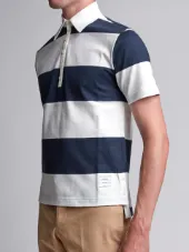 Short Sleeve Polo With 4-Bar Stripe In Blue And White Rugby Stripe