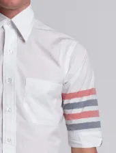 Short Sleeve Shirt With Woven 4-Bar Stripe In White Poplin