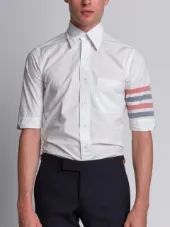 Short Sleeve Shirt With Woven 4-Bar Stripe In White Poplin