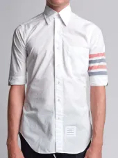 Short Sleeve Shirt With Woven 4-Bar Stripe In White Poplin