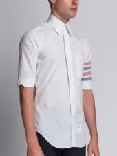 Short Sleeve Shirt With Woven 4-Bar Stripe In White Poplin