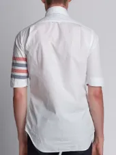 Short Sleeve Shirt With Woven 4-Bar Stripe In White Poplin