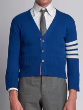 Short V-Neck Cardigan With 4-Bar Stripe In Blue Cashmere