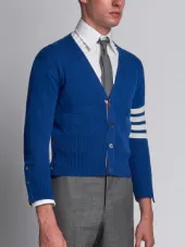 Short V-Neck Cardigan With 4-Bar Stripe In Blue Cashmere