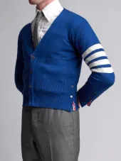 Short V-Neck Cardigan With 4-Bar Stripe In Blue Cashmere