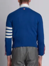 Short V-Neck Cardigan With 4-Bar Stripe In Blue Cashmere