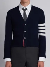 Short V-Neck Cardigan With 4-Bar Stripe In Navy Blue Cashmere
