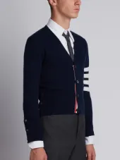 Short V-Neck Cardigan With 4-Bar Stripe In Navy Blue Cashmere