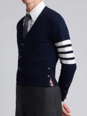 Short V-Neck Cardigan With 4-Bar Stripe In Navy Blue Cashmere